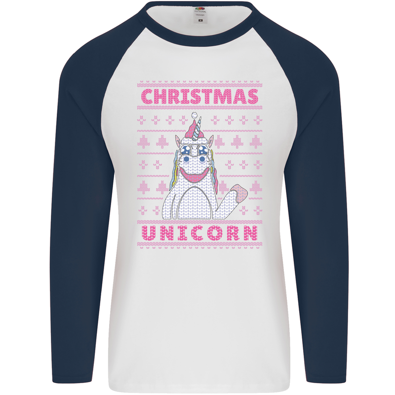 Funny Christmas Unicorn Mens L/S Baseball T-Shirt White/Navy Blue