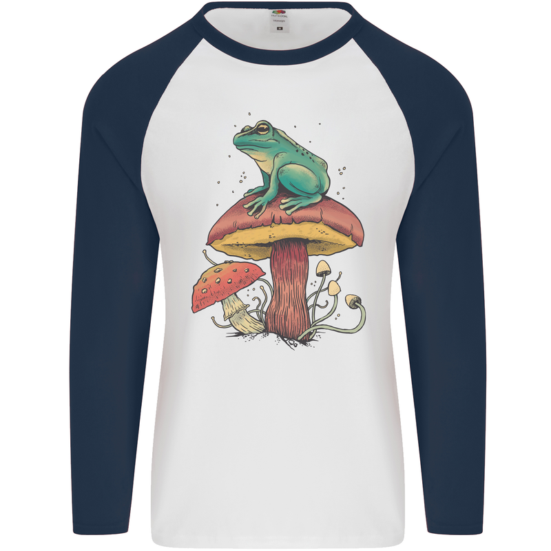 A Frog Sitting on a Mushroom Mens L/S Baseball T-Shirt White/Navy Blue