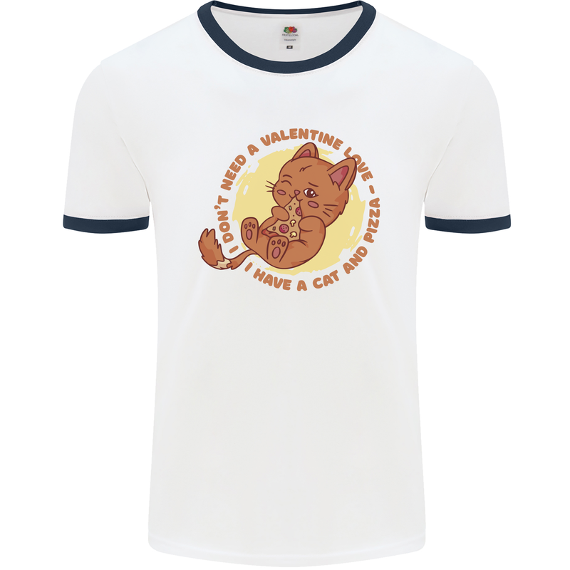 Cat & Pizza Anti Valentines Singles Day Mens Ringer T-Shirt White/Navy Blue