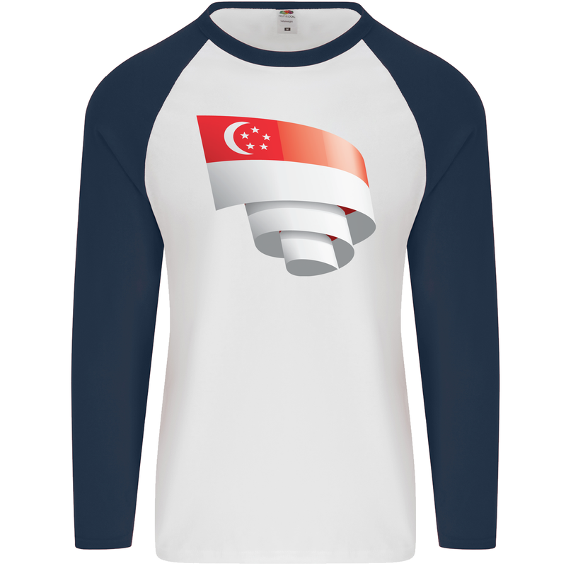 Curled Singapore Flag Singaporean Day Football Mens L/S Baseball T-Shirt White/Navy Blue