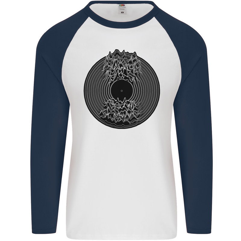 Vinyl Music Sound Waves Turntable Decks DJ Mens L/S Baseball T-Shirt White/Navy Blue