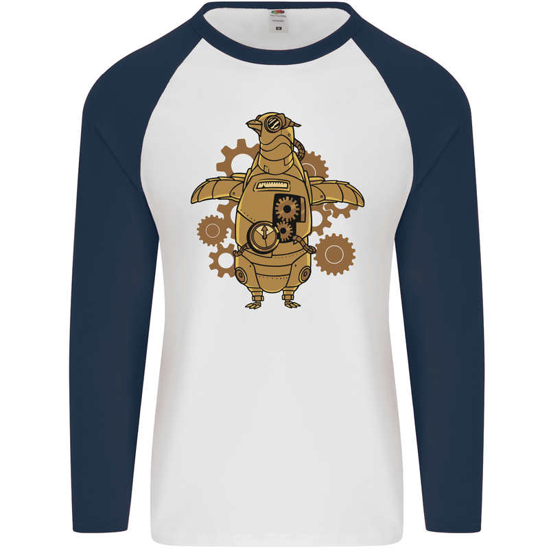 A Steampunk Penguin Mens L/S Baseball T-Shirt White/Navy Blue