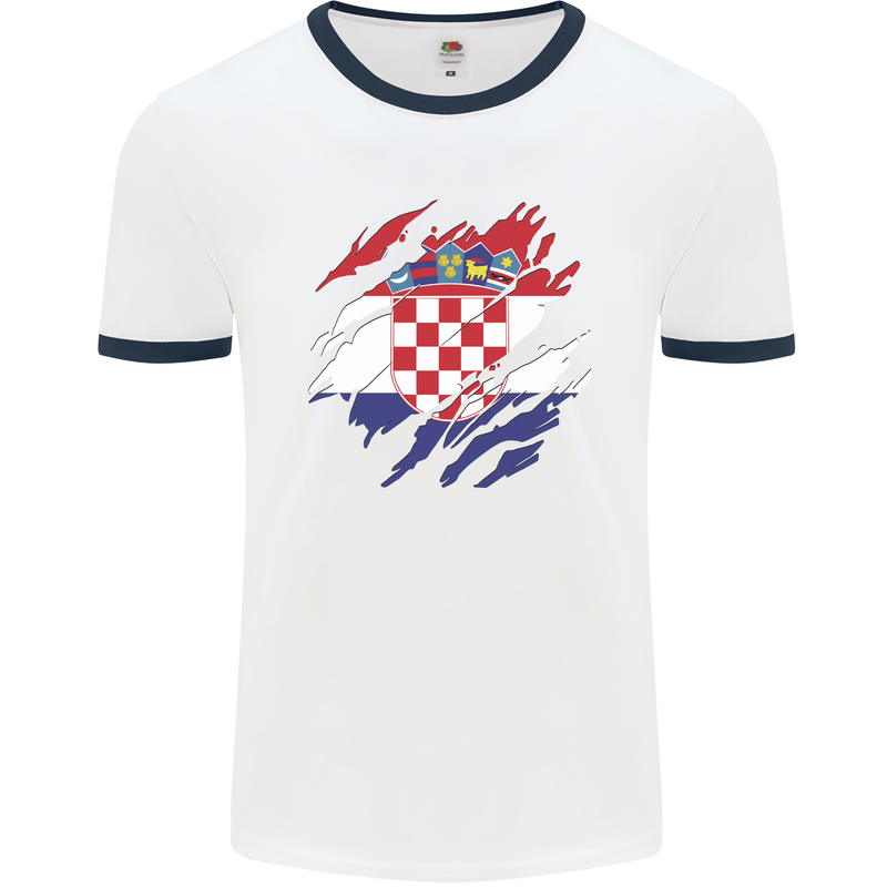 Torn Croatia Flag Croatian Day Football Mens Ringer T-Shirt White/Navy Blue