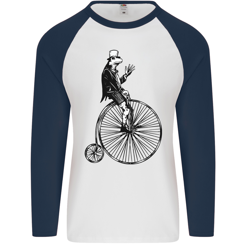 Cycling a Frog Riding a Penny Farthing Mens L/S Baseball T-Shirt White/Navy Blue