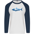 Great White Shark Scuba Diver Diving Mens L/S Baseball T-Shirt White/Navy Blue