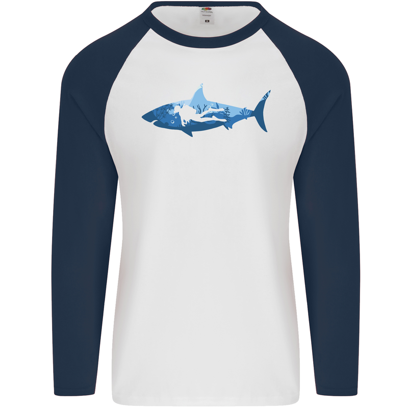 Great White Shark Scuba Diver Diving Mens L/S Baseball T-Shirt White/Navy Blue