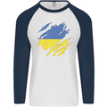 Torn Ukraine Flag Ukrainian Day Football Mens L/S Baseball T-Shirt White/Navy Blue