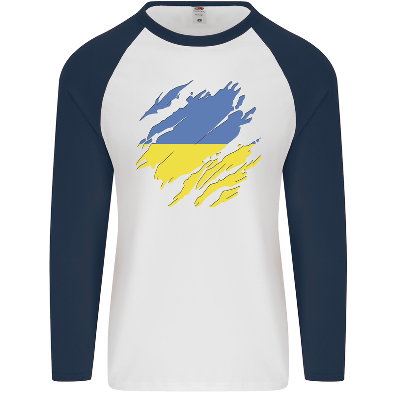 Torn Ukraine Flag Ukrainian Day Football Mens L/S Baseball T-Shirt White/Navy Blue