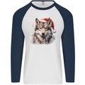 Christmas Wolf Mens L/S Baseball T-Shirt White/Navy Blue