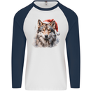Christmas Wolf Mens L/S Baseball T-Shirt White/Navy Blue