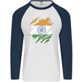 Torn India Flag Indian Day Football Mens L/S Baseball T-Shirt White/Navy Blue