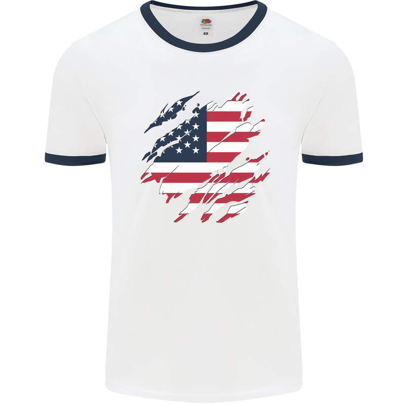 Torn USA Flag Independance Day Football Mens Ringer T-Shirt White/Navy Blue