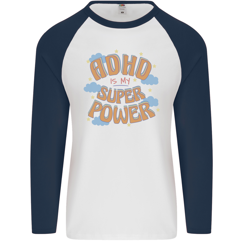 ADHD is My Superpower Mens L/S Baseball T-Shirt White/Navy Blue