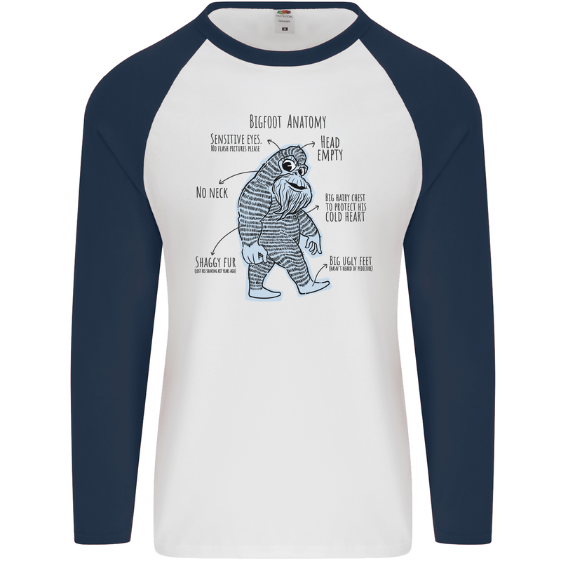 The Anatomy of Bigfoot Mens L/S Baseball T-Shirt White/Navy Blue