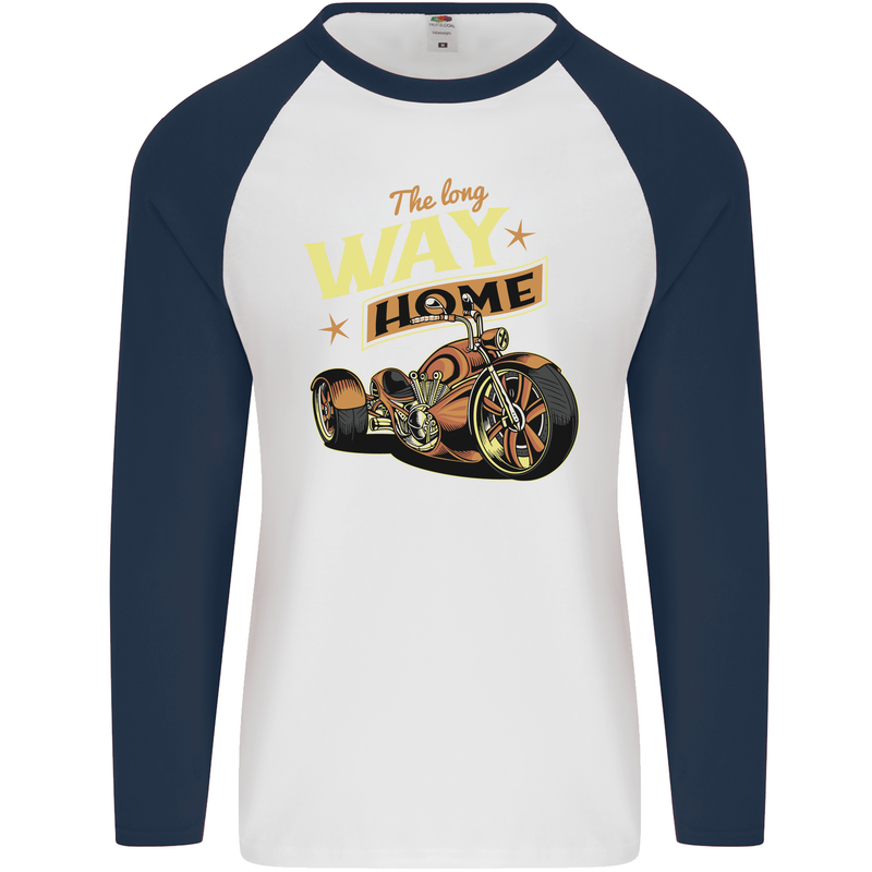 Long Way Home Motorcycle Chopper Biker Mens L/S Baseball T-Shirt White/Navy Blue