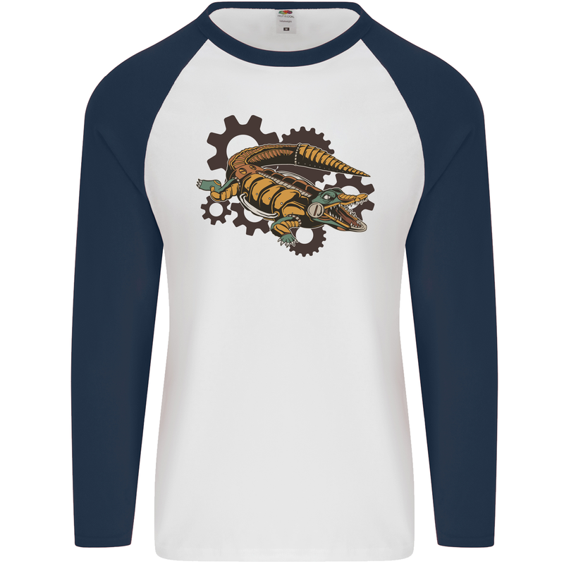 Steampunk Crocodile Alligator Mens L/S Baseball T-Shirt White/Navy Blue