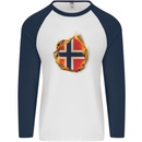 The Norwegian Flag Fire Effect Norway Mens L/S Baseball T-Shirt White/Navy Blue
