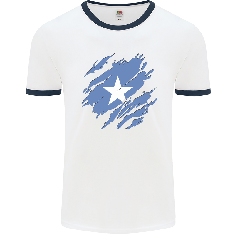 Torn Somalia Flag Somalian Day Football Mens Ringer T-Shirt White/Navy Blue