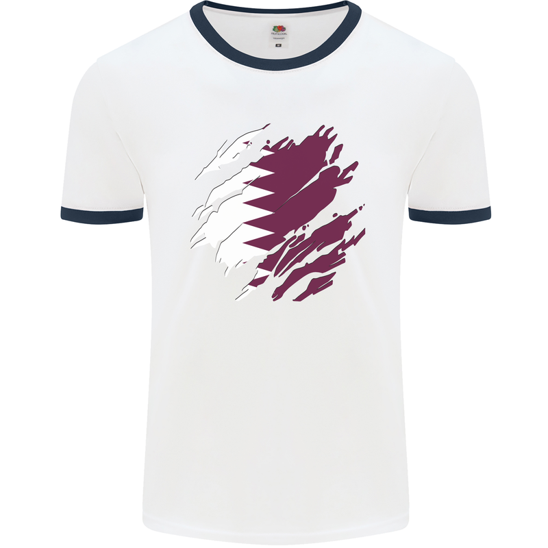 Torn Qatar Flag Qatari Day Football Mens Ringer T-Shirt White/Navy Blue