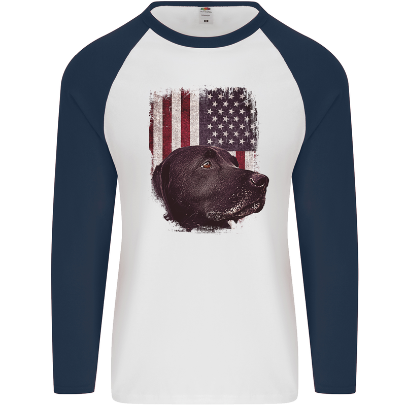 American Labrador USA Flag Dog Mens L/S Baseball T-Shirt White/Navy Blue