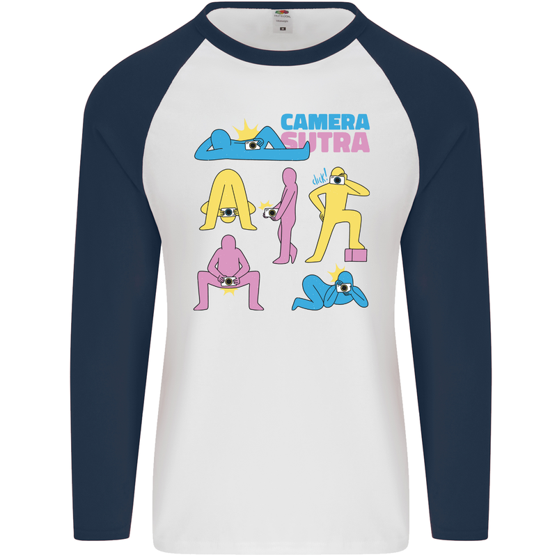 Camera Sutra Photography Photographer Funny Mens L/S Baseball T-Shirt White/Navy Blue