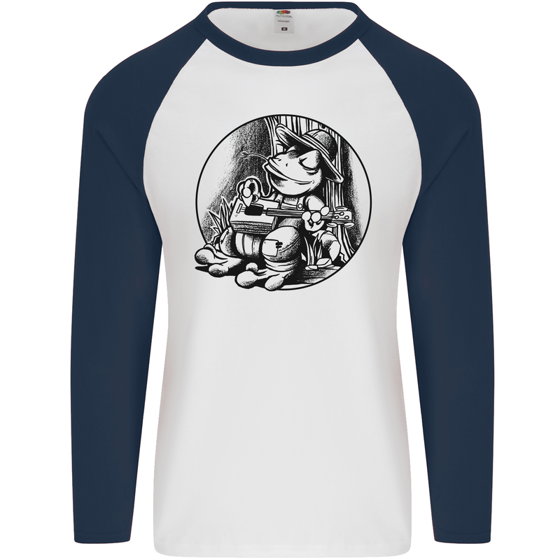 A Chilled Frog Playing the Guitar Guitarist Mens L/S Baseball T-Shirt White/Navy Blue