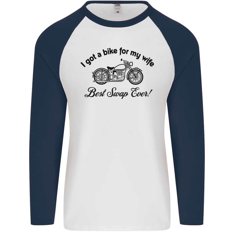 Wife Funny Motorbike Biker Motorcycle Mens L/S Baseball T-Shirt White/Navy Blue