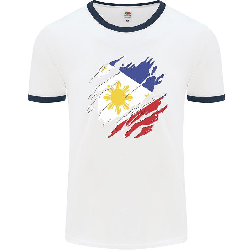 Torn Philippines Flag Philipino Day Football Mens Ringer T-Shirt White/Navy Blue