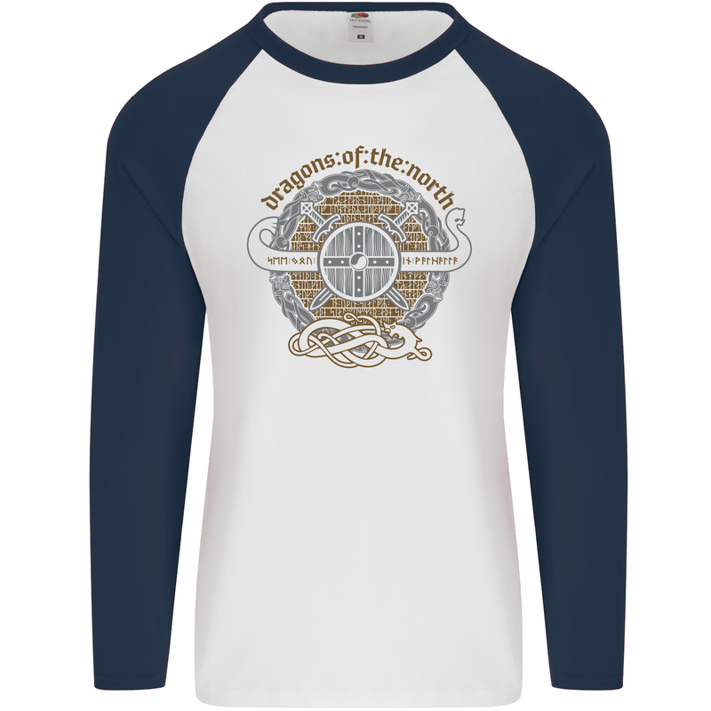 Dragons North Viking Valhalla Thor Odin Mens L/S Baseball T-Shirt White/Navy Blue