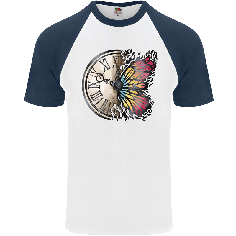 Butterfly Clock Mens S/S Baseball T-Shirt White/Navy Blue