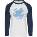 Torn Micronesia Flag Micronesian Day Football Mens L/S Baseball T-Shirt White/Navy Blue