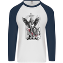 St. Michael Killing the Devil Christian God Mens L/S Baseball T-Shirt White/Navy Blue