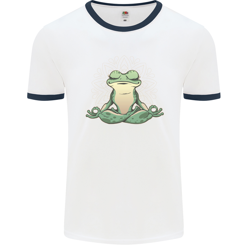 Yoga Frog Meditation Mens Ringer T-Shirt White/Navy Blue