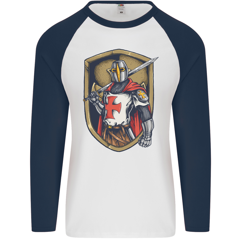 Knights Templar England St Georges Day Mens L/S Baseball T-Shirt White/Navy Blue