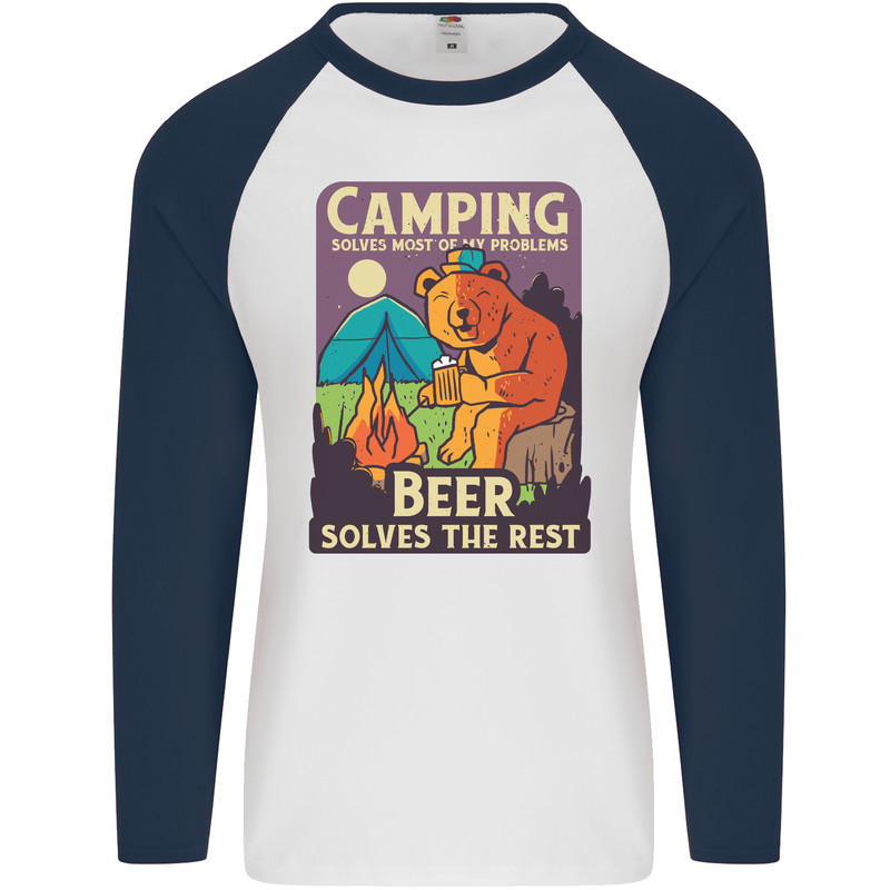 Camping Solves Most of My Problems Funny Mens L/S Baseball T-Shirt White/Navy Blue