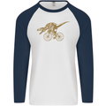 T-Rex Dinosaure Riding a Bicycle Cycling Mens L/S Baseball T-Shirt White/Navy Blue