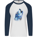 A Watercolour Wolf Mens L/S Baseball T-Shirt White/Navy Blue