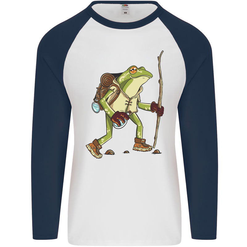 Trekking Hiking Rambling Frog Toad Funny Mens L/S Baseball T-Shirt White/Navy Blue