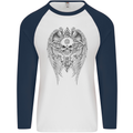 Skull Wings Viking Gothic  Wings Gym Biker Mens L/S Baseball T-Shirt White/Navy Blue