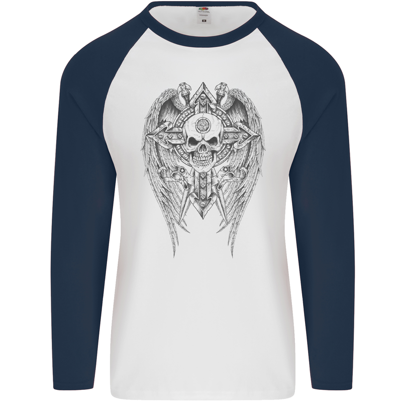 Skull Wings Viking Gothic  Wings Gym Biker Mens L/S Baseball T-Shirt White/Navy Blue