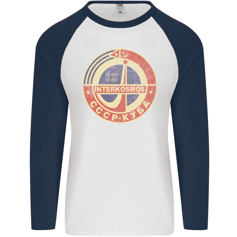 INTERKOSMOS Logo CCCP  Soviet Space USSR Mens L/S Baseball T-Shirt White/Navy Blue