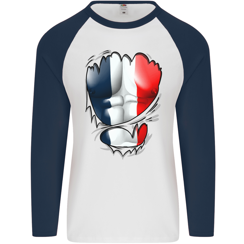 Gym French Tricolour Flag Muscles France Mens L/S Baseball T-Shirt White/Navy Blue