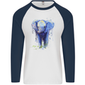 Elephant Watercolour Mens L/S Baseball T-Shirt White/Navy Blue