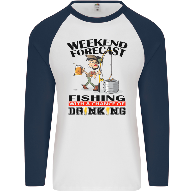 Fishing Fisherman Forecast Alcohol Beer Mens L/S Baseball T-Shirt White/Navy Blue