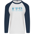 Peace Love Dolphins Mens L/S Baseball T-Shirt White/Navy Blue