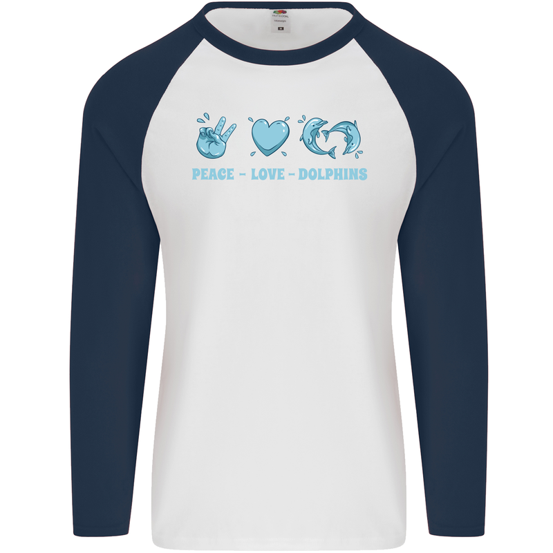 Peace Love Dolphins Mens L/S Baseball T-Shirt White/Navy Blue