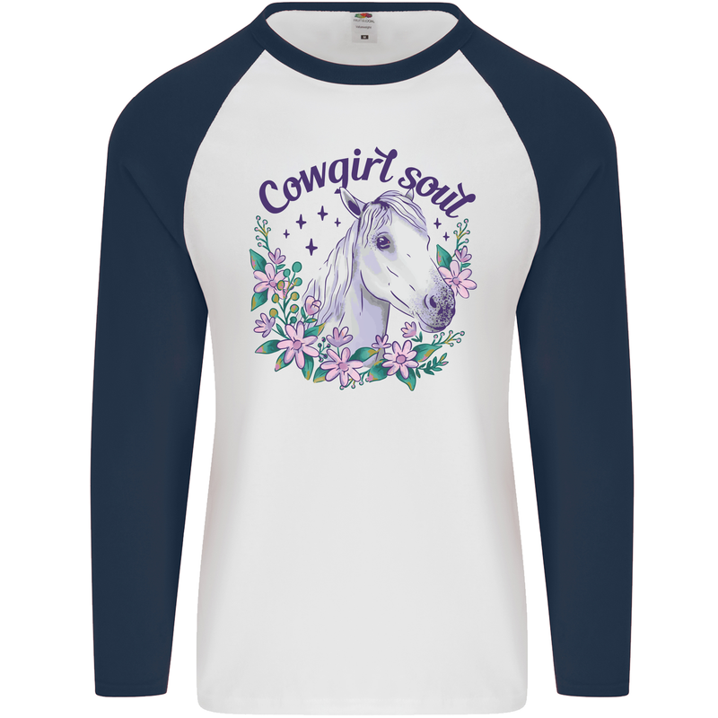 Cowgirl Soul Equestrian Horse Mens L/S Baseball T-Shirt White/Navy Blue