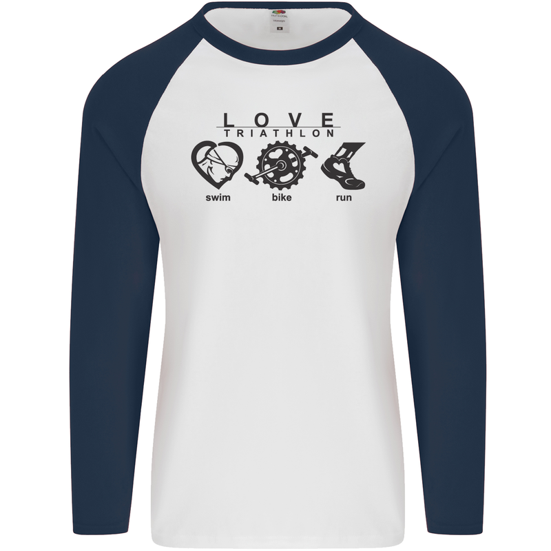 Love Triathlon Running Swimming Cycling Mens L/S Baseball T-Shirt White/Navy Blue