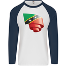 Curled Saint Kitts and Nevis Flag Day Football Mens L/S Baseball T-Shirt White/Navy Blue