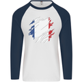 Torn France Flag French Day Football Mens L/S Baseball T-Shirt White/Navy Blue